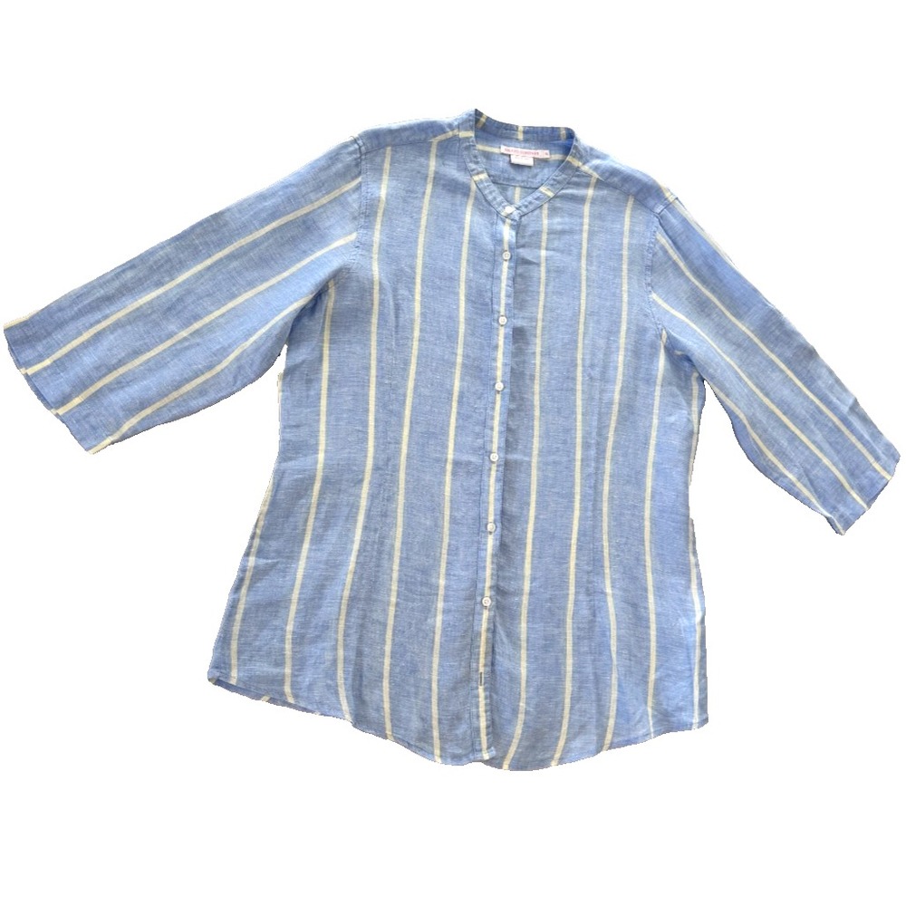 Island Company 100% Linen‎ Button Up Top Blue Cream Striped XL Roll Tab Sleeve